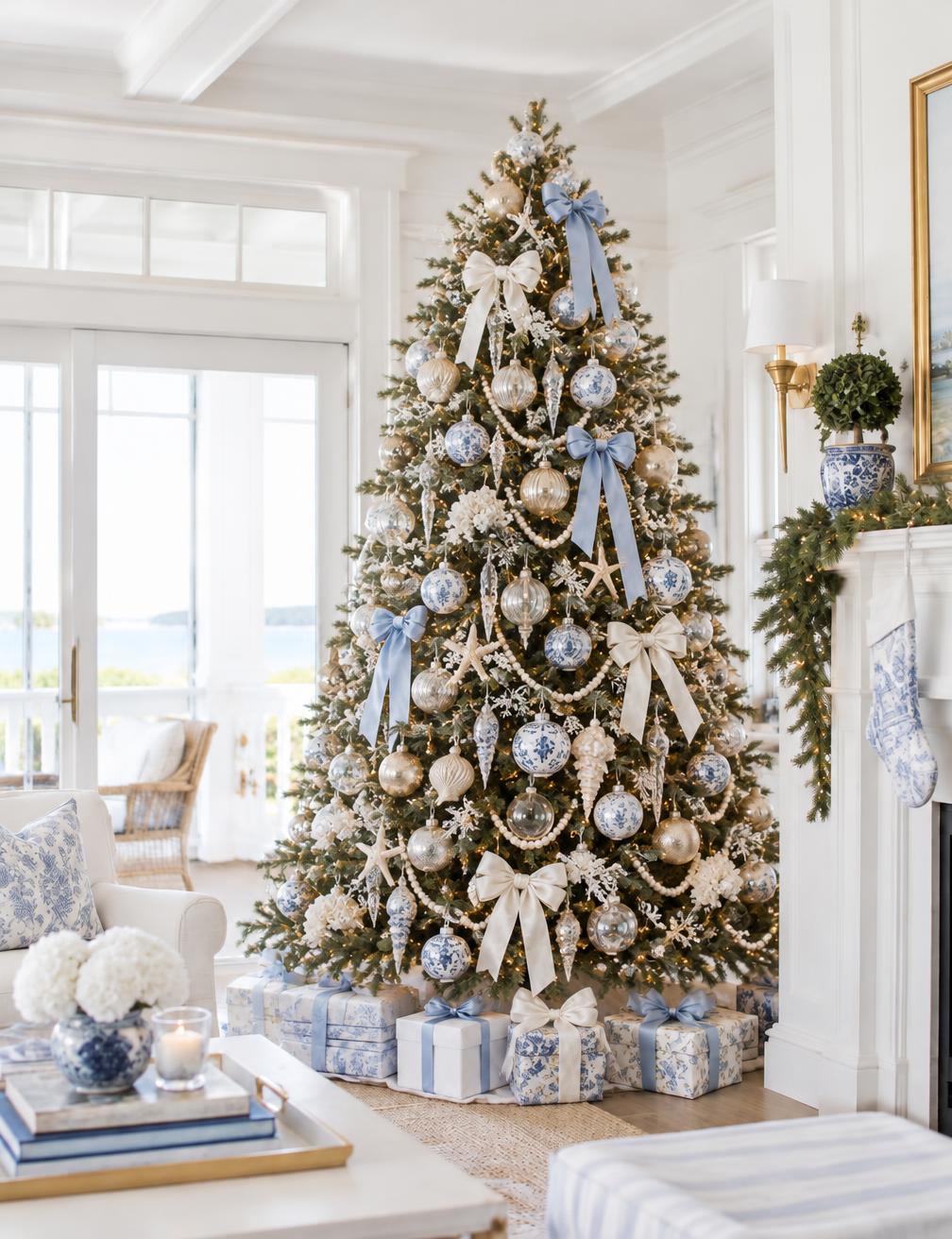 A tall tree in blue-and-white porcelain, gold and ivory ornaments with silk bows