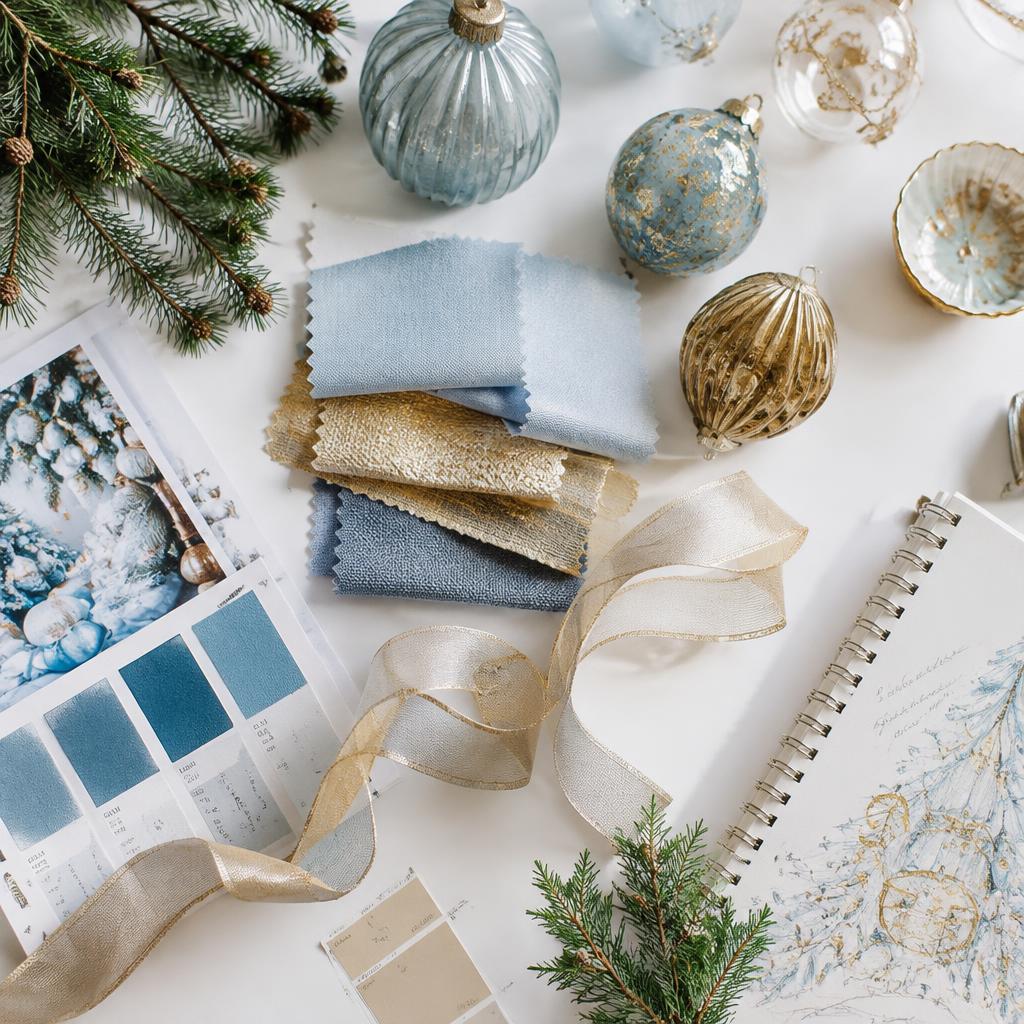Holiday design board with ribbon swatches, ornaments and sketches